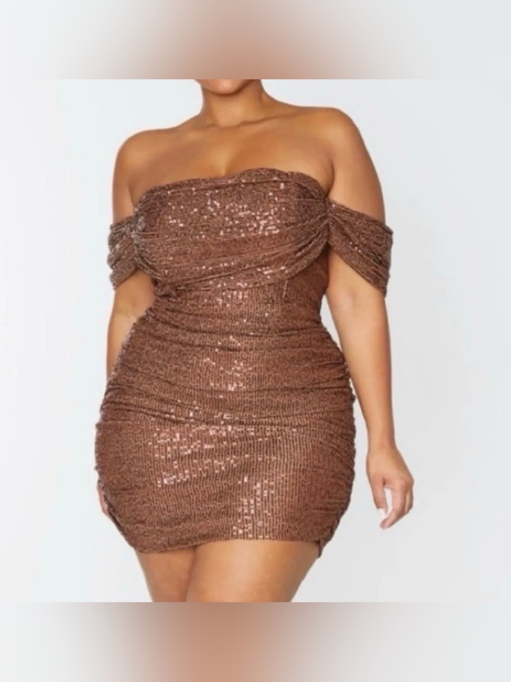 Pretty Little Thing Bardot Off-Shoulder Brown Sequin Bodycon Dress Size 16 NWT